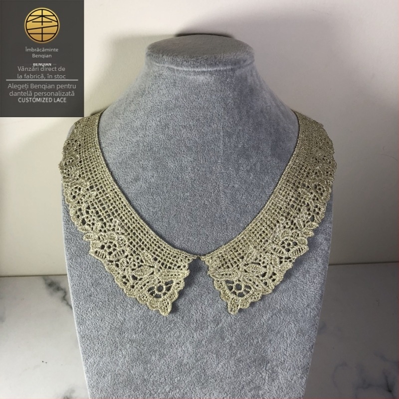 Floare solubilă în apă pentru guler — accesoriu dantelat din sârmă aurie și argintie pentru lenjerie (Benqian Clothing)
