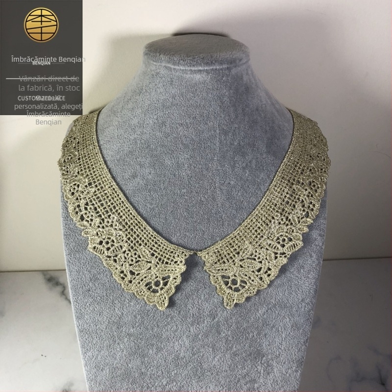 Floare solubilă în apă pentru guler — accesoriu dantelat din sârmă aurie și argintie pentru lenjerie (Benqian Clothing)