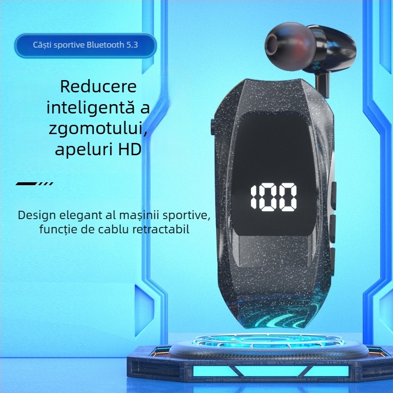 Căști wireless cu clip pentru guler, Bluetooth 5.3, rază 10 m, rezistente la apă, afișaj digital, autonomie baterie peste 8 ore