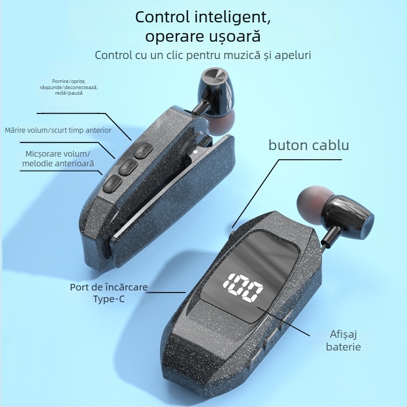 Căști wireless cu clip pentru guler, Bluetooth 5.3, rază 10 m, rezistente la apă, afișaj digital, autonomie baterie peste 8 ore