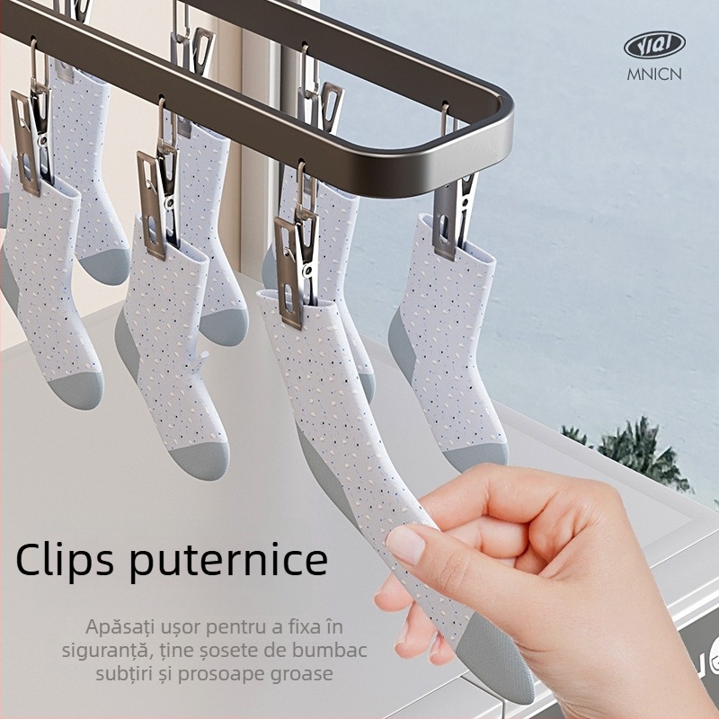 Suport de uscat șosete cu ventuze și mai multe clips — pliabil, oțel-carbon + ABS, pentru lenjerie, șosete, pantaloni