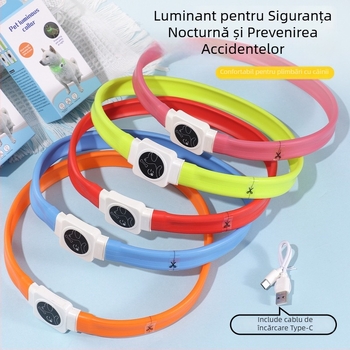 Guler LED din silicon pentru câine, încărcare Type-C, lumină nocturnă intermitentă