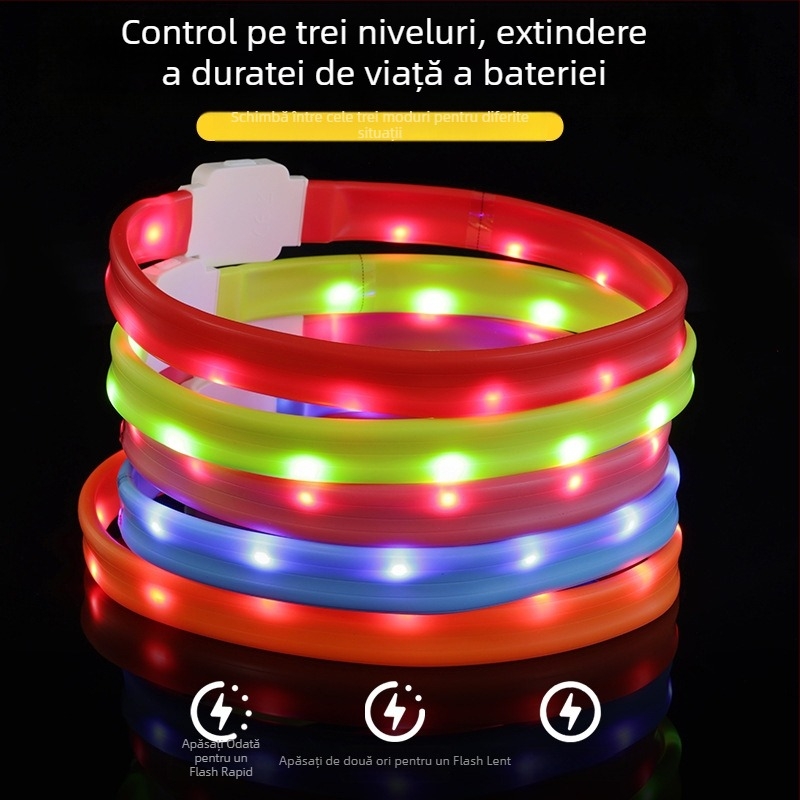 Guler LED din silicon pentru câine, încărcare Type-C, lumină nocturnă intermitentă