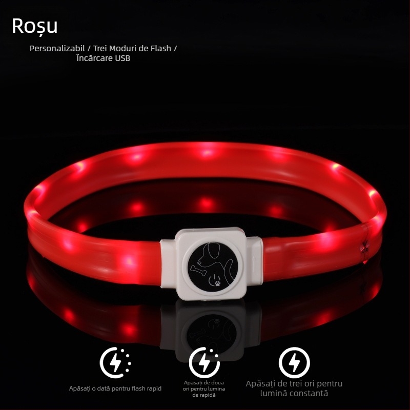 Guler LED din silicon pentru câine, încărcare Type-C, lumină nocturnă intermitentă