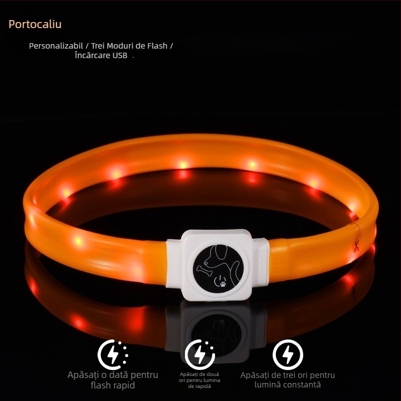 Guler LED din silicon pentru câine, încărcare Type-C, lumină nocturnă intermitentă