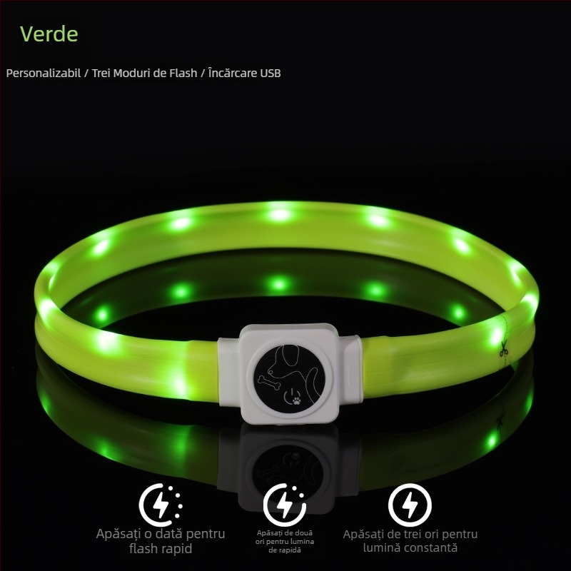 Guler LED din silicon pentru câine, încărcare Type-C, lumină nocturnă intermitentă