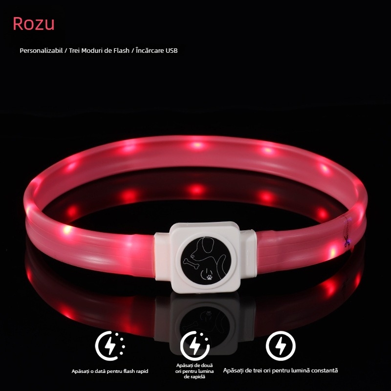 Guler LED din silicon pentru câine, încărcare Type-C, lumină nocturnă intermitentă