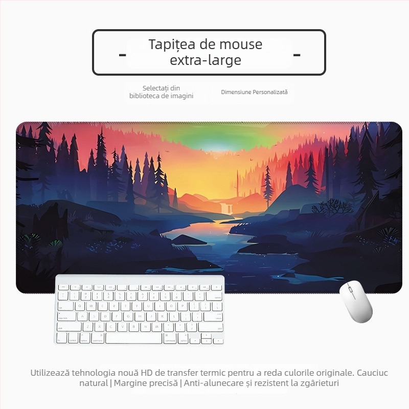 Padă mare pentru mouse de birou, cauciuc natural, anti-derapare, transfer termic, stil desen animat cu peisaj vector
