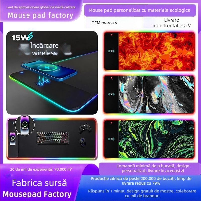 Pad de mouse cu iluminare RGB și încărcare wireless, anti-alunecare, rezistent la pete, suprafață de birou îngroșată, extra mare