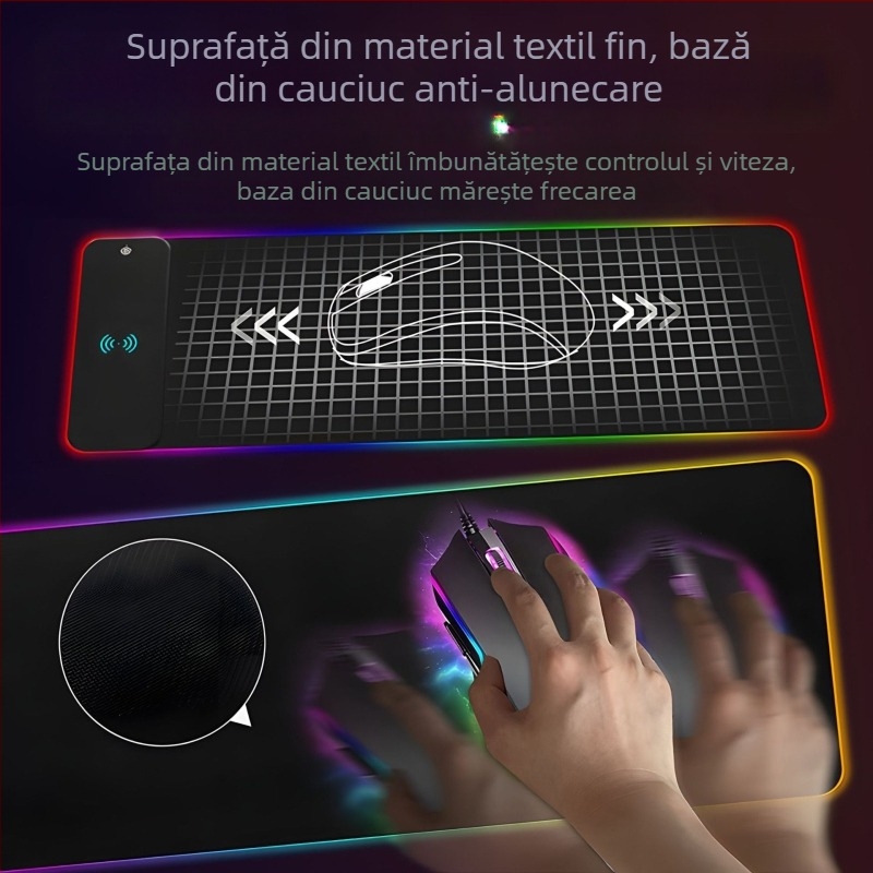 Pad de mouse cu iluminare RGB și încărcare wireless, anti-alunecare, rezistent la pete, suprafață de birou îngroșată, extra mare