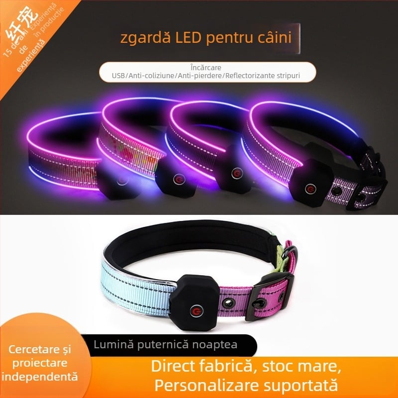 Colier LED pentru câine cu bandă reflectorizantă imprimată, încărcare USB, poliester