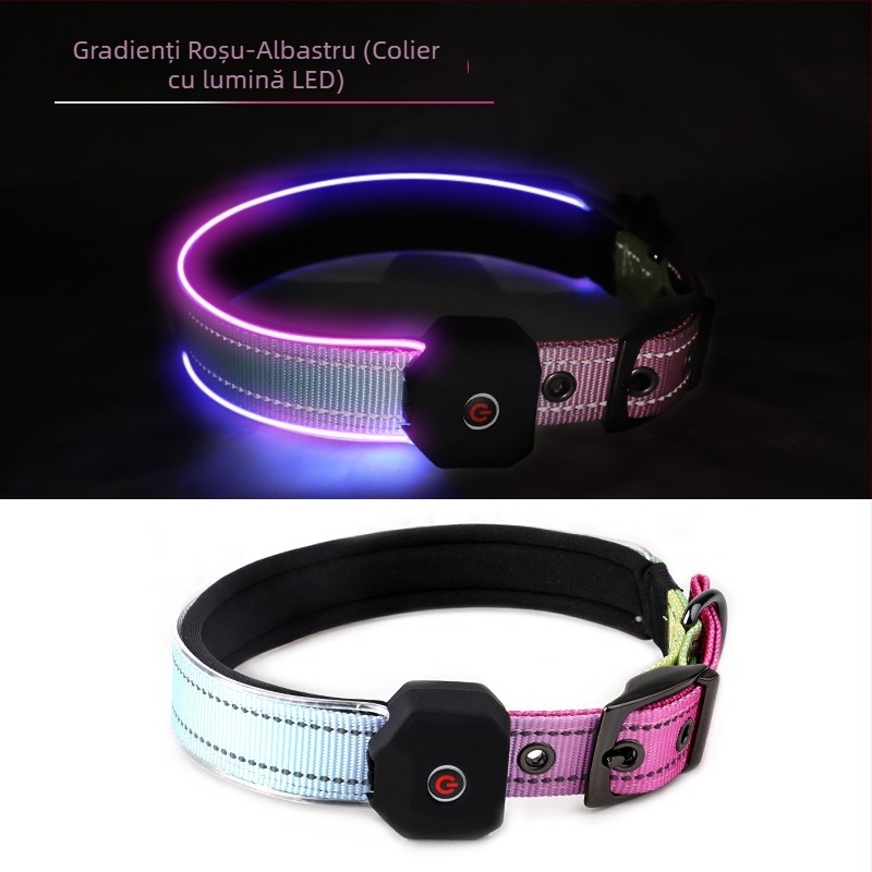 Colier LED pentru câine cu bandă reflectorizantă imprimată, încărcare USB, poliester
