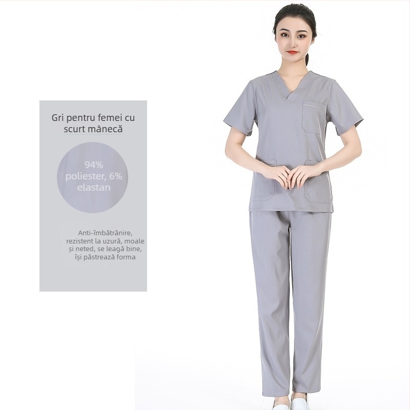 Set unisex de scrubs medical cu țesătură poliester‑spandex care evacuează umezeala, top cu decolteu în V și mâneci scurte și pantaloni, pentru spital, sală de operații, cabinet dentar și îngrijire veterinară