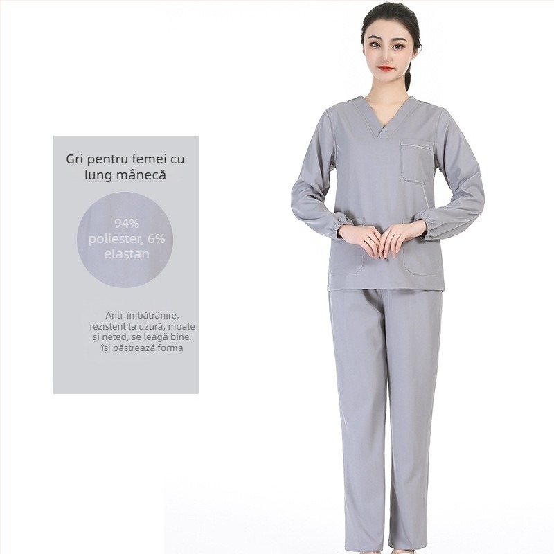Set unisex de scrubs medical cu țesătură poliester‑spandex care evacuează umezeala, top cu decolteu în V și mâneci scurte și pantaloni, pentru spital, sală de operații, cabinet dentar și îngrijire veterinară