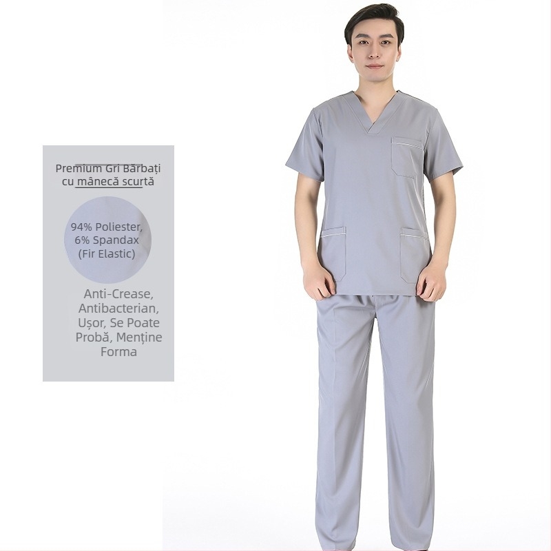 Set unisex de scrubs medical cu țesătură poliester‑spandex care evacuează umezeala, top cu decolteu în V și mâneci scurte și pantaloni, pentru spital, sală de operații, cabinet dentar și îngrijire veterinară