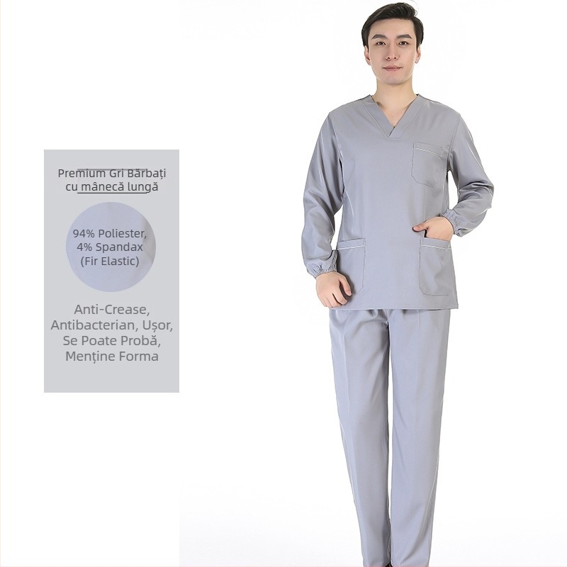 Set unisex de scrubs medical cu țesătură poliester‑spandex care evacuează umezeala, top cu decolteu în V și mâneci scurte și pantaloni, pentru spital, sală de operații, cabinet dentar și îngrijire veterinară