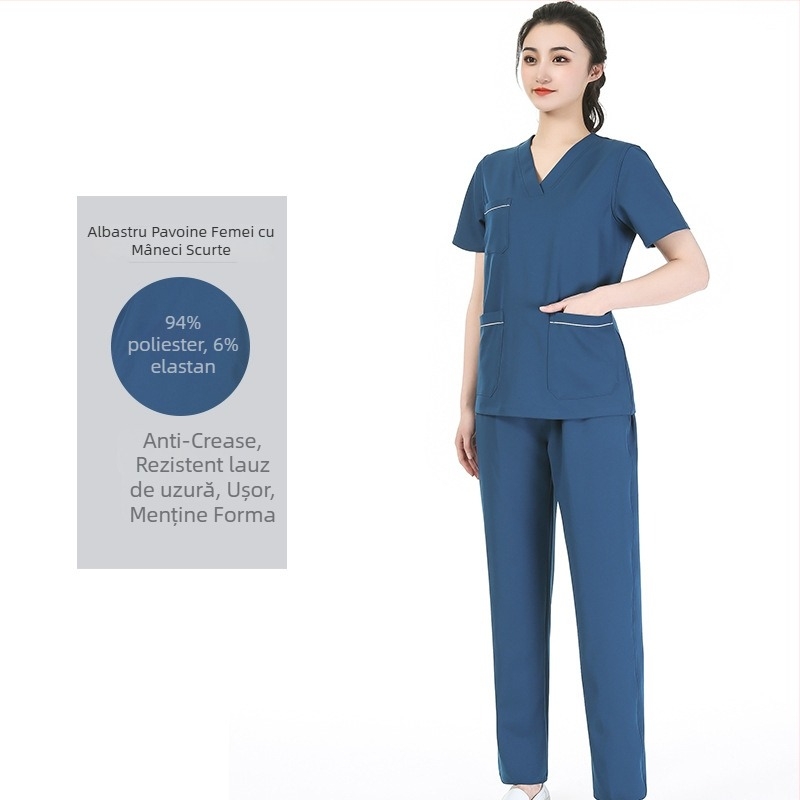 Set unisex de scrubs medical cu țesătură poliester‑spandex care evacuează umezeala, top cu decolteu în V și mâneci scurte și pantaloni, pentru spital, sală de operații, cabinet dentar și îngrijire veterinară