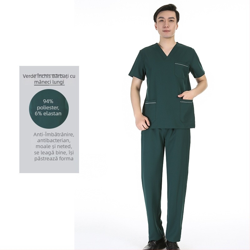 Set unisex de scrubs medical cu țesătură poliester‑spandex care evacuează umezeala, top cu decolteu în V și mâneci scurte și pantaloni, pentru spital, sală de operații, cabinet dentar și îngrijire veterinară