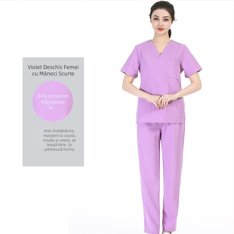 Set unisex de scrubs medical cu țesătură poliester‑spandex care evacuează umezeala, top cu decolteu în V și mâneci scurte și pantaloni, pentru spital, sală de operații, cabinet dentar și îngrijire veterinară