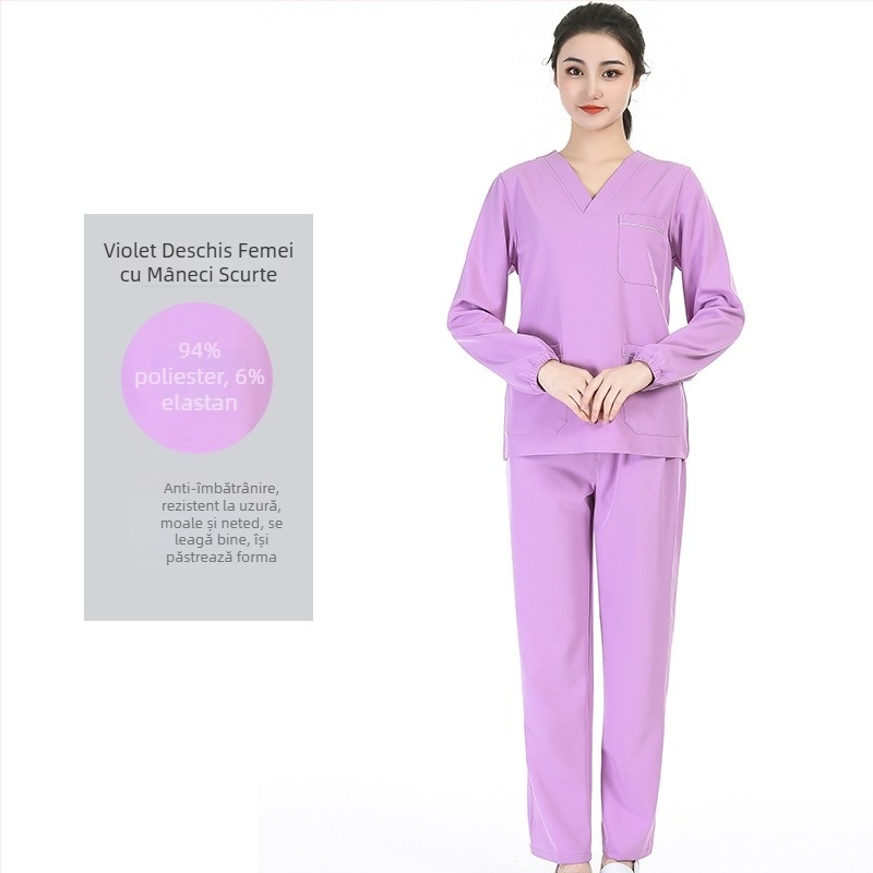 Set unisex de scrubs medical cu țesătură poliester‑spandex care evacuează umezeala, top cu decolteu în V și mâneci scurte și pantaloni, pentru spital, sală de operații, cabinet dentar și îngrijire veterinară
