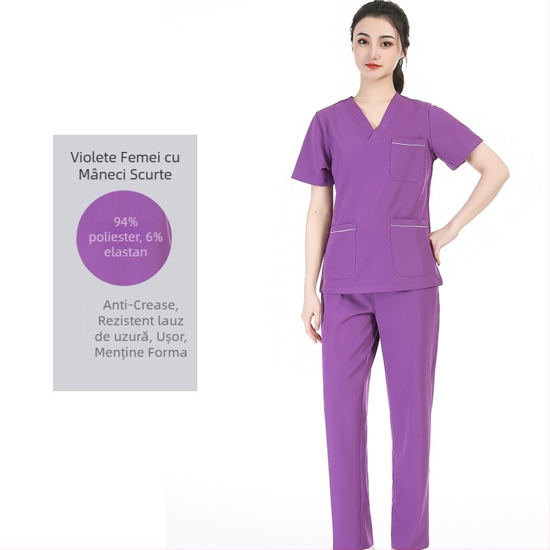 Set unisex de scrubs medical cu țesătură poliester‑spandex care evacuează umezeala, top cu decolteu în V și mâneci scurte și pantaloni, pentru spital, sală de operații, cabinet dentar și îngrijire veterinară