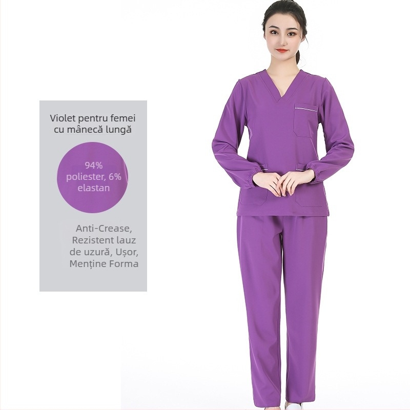 Set unisex de scrubs medical cu țesătură poliester‑spandex care evacuează umezeala, top cu decolteu în V și mâneci scurte și pantaloni, pentru spital, sală de operații, cabinet dentar și îngrijire veterinară