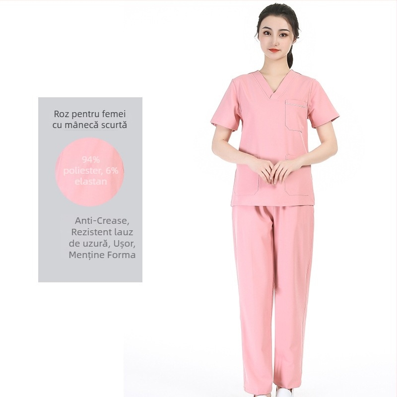 Set unisex de scrubs medical cu țesătură poliester‑spandex care evacuează umezeala, top cu decolteu în V și mâneci scurte și pantaloni, pentru spital, sală de operații, cabinet dentar și îngrijire veterinară