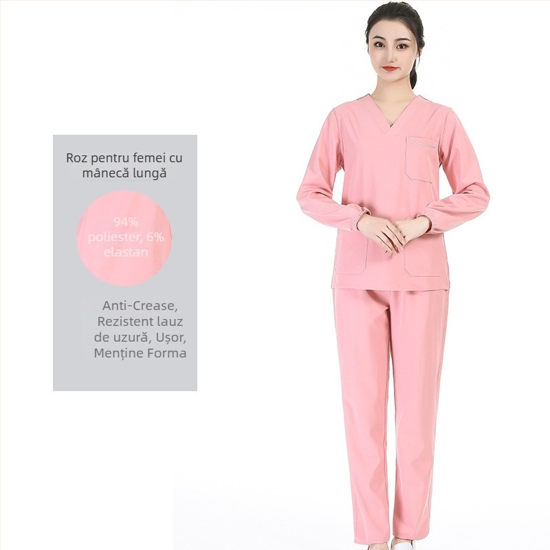 Set unisex de scrubs medical cu țesătură poliester‑spandex care evacuează umezeala, top cu decolteu în V și mâneci scurte și pantaloni, pentru spital, sală de operații, cabinet dentar și îngrijire veterinară