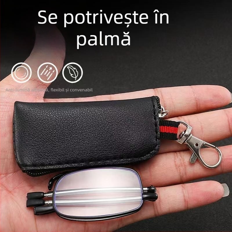 Ochelari de citit cu brațe telescopice pliate, anti-lumină albastră, presbiopici, cadru metalic complet, cu husă din piele și breloc