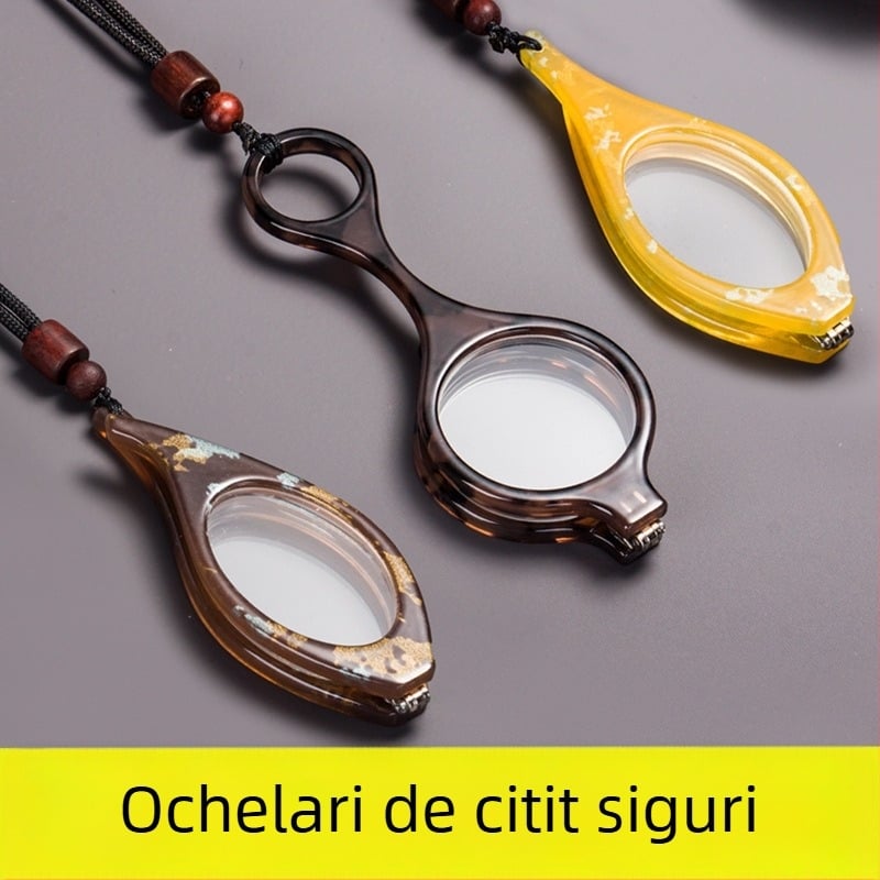 Ochelari de lectură cu șnur de colier, design atârnător, pliere, ramă rotundă, cadru ușor PC, lentile din rășină, pentru vârstnici