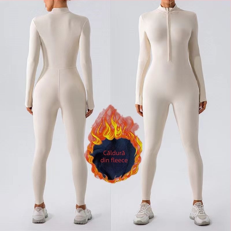 Costum unic de yoga cu fermoar, textură cu senzație de piele, 80% poliester, 20% elastan, căptușeală velur, anti-alunecare