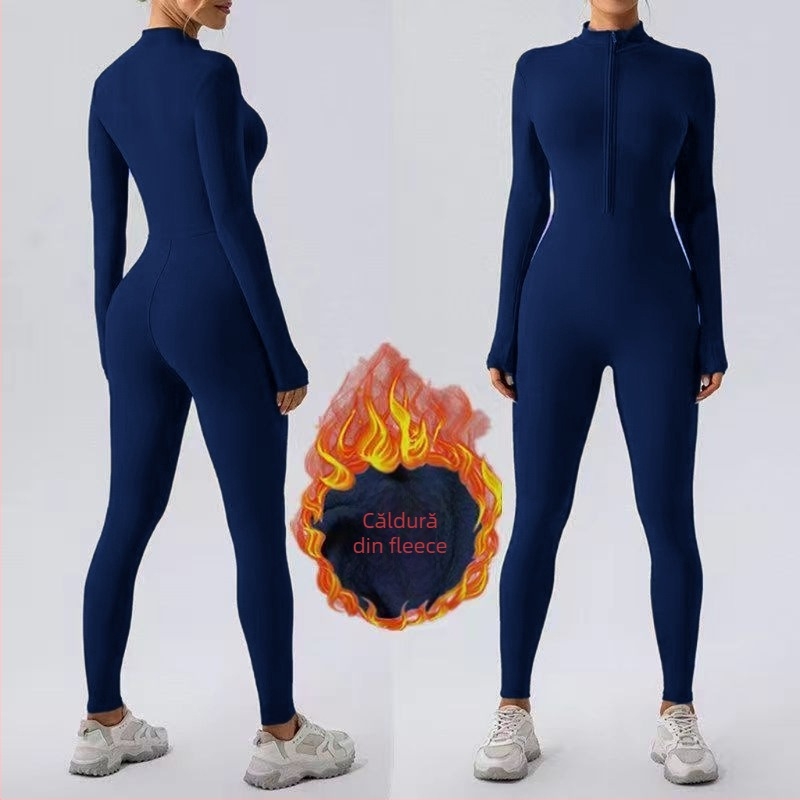 Costum unic de yoga cu fermoar, textură cu senzație de piele, 80% poliester, 20% elastan, căptușeală velur, anti-alunecare