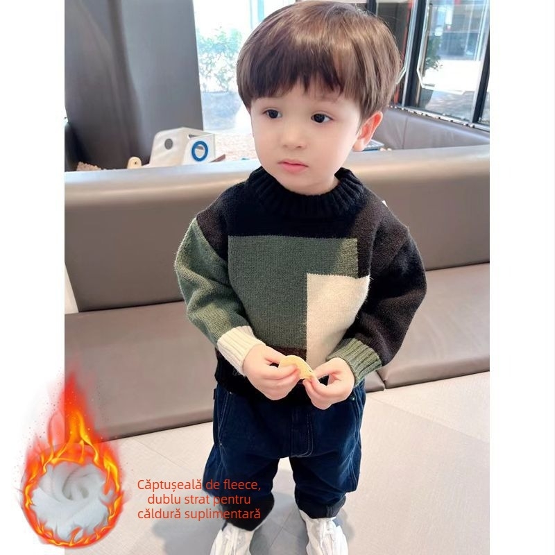 Pulover tricotat pentru băieți, stil coreean, mâneci lungi, tricot gros, model cromatic asortat