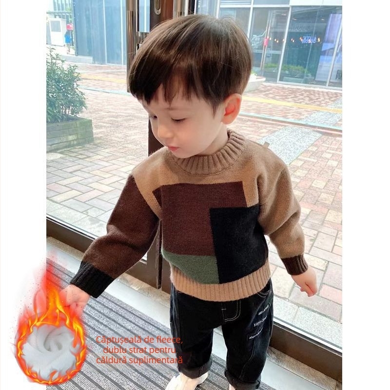 Pulover tricotat pentru băieți, stil coreean, mâneci lungi, tricot gros, model cromatic asortat