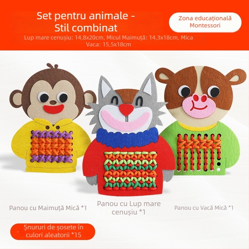 Montessori tablă cu găuri pentru cusut pentru copii 3-6 ani - jucărie din material nețesut, dezvoltă coordonarea mână-ochi și dexteritatea