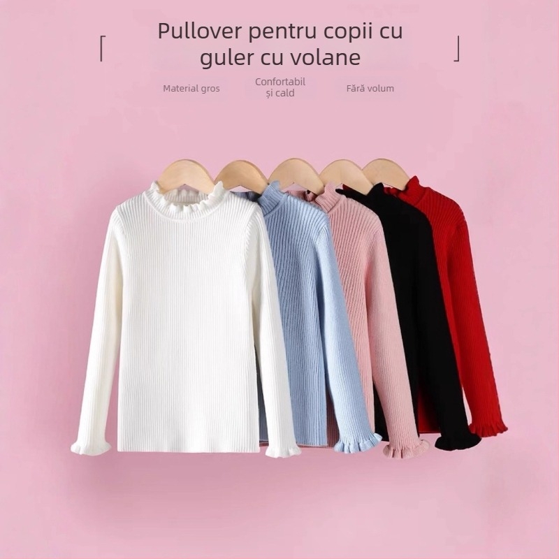Pulover tricotat pentru copii, pentru fete, culoare uni, guler rotund, mâneci lungi, cu volan la margine
