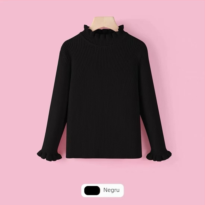 Pulover tricotat pentru copii, pentru fete, culoare uni, guler rotund, mâneci lungi, cu volan la margine