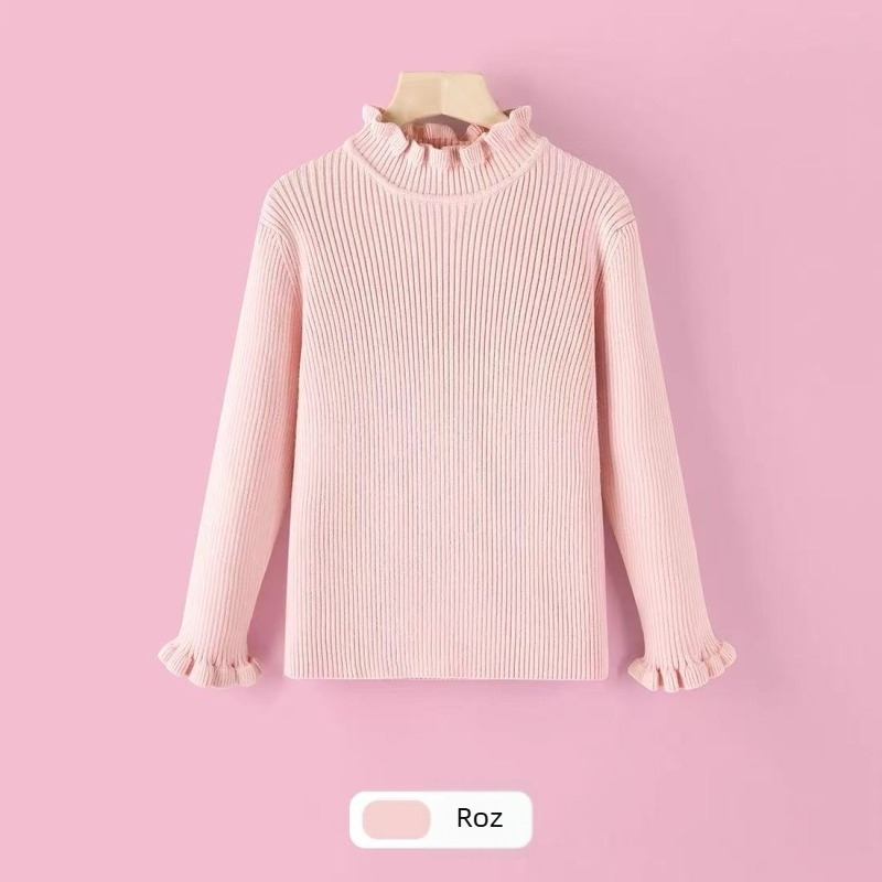 Pulover tricotat pentru copii, pentru fete, culoare uni, guler rotund, mâneci lungi, cu volan la margine