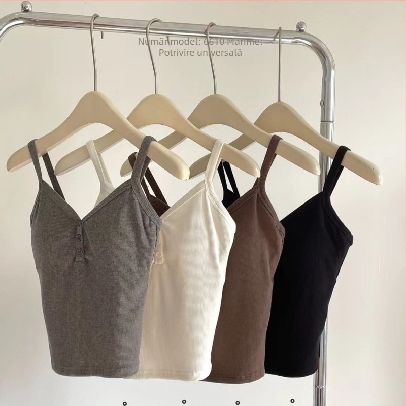 Camisolă croptop cu decolteu în V, bretele sling, cu bureți de umplutură, material rayon