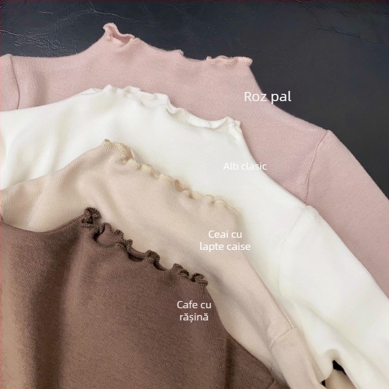 Top de bază pentru fete, stil coreean, velur, mâneci lungi, guler mediu, margine cu volane