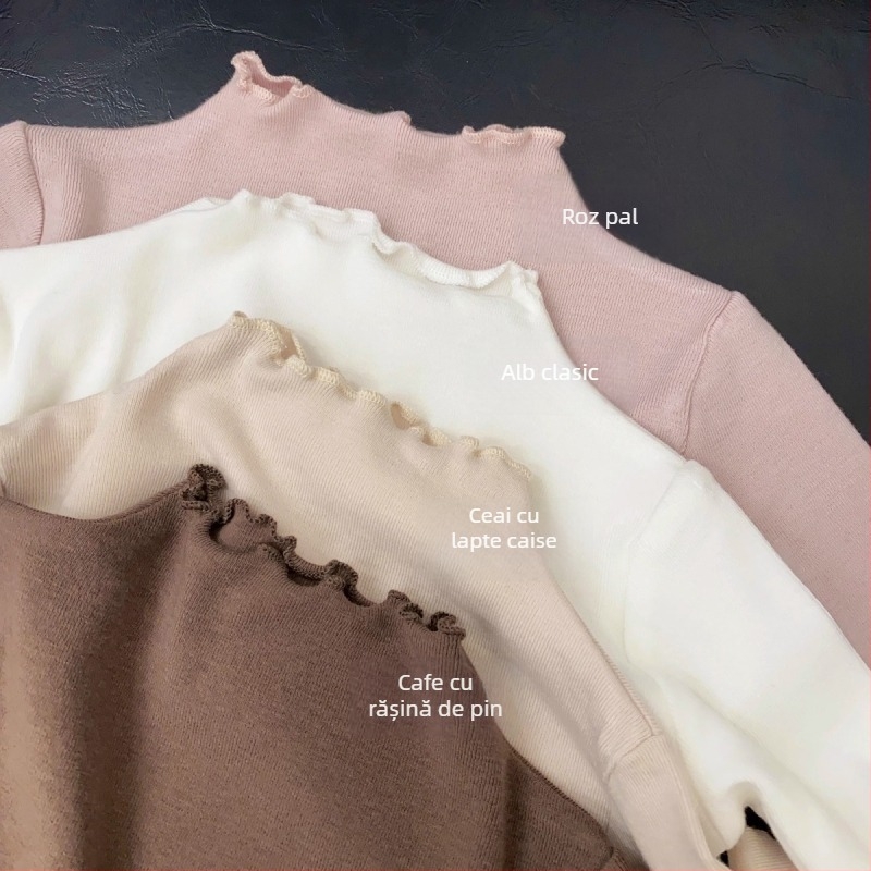 Top de bază pentru fete, stil coreean, velur, mâneci lungi, guler mediu, margine cu volane