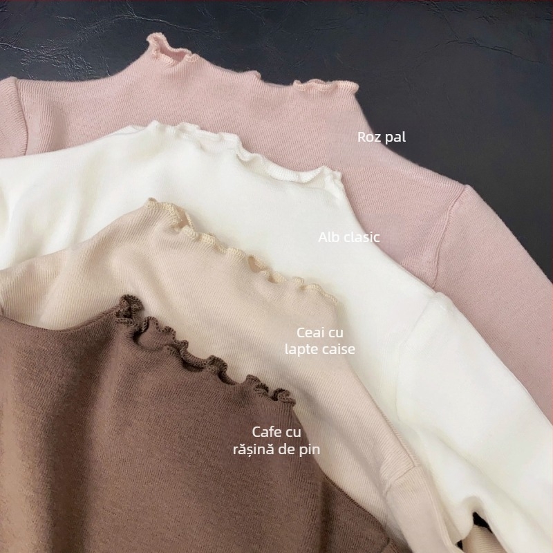 Top de bază pentru fete, stil coreean, velur, mâneci lungi, guler mediu, margine cu volane