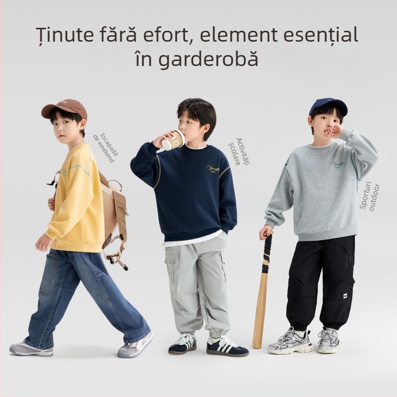Pulover pentru copii băieți, din bumbac 60% cu căptușeală poliester, mânecă lungă, fără glugă, primăvară-toamnă 2025, de la 8 ani