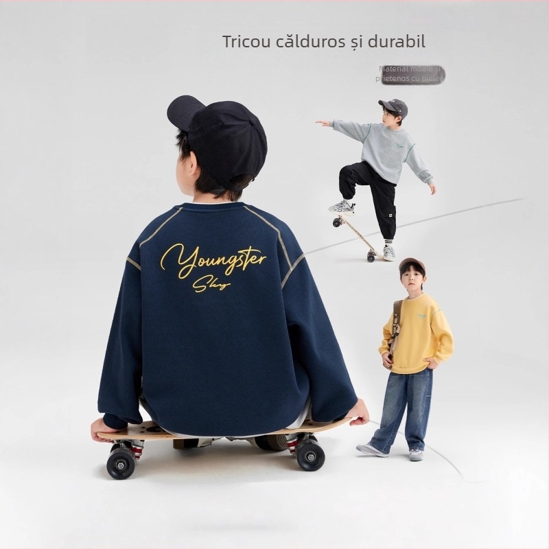 Pulover pentru copii băieți, din bumbac 60% cu căptușeală poliester, mânecă lungă, fără glugă, primăvară-toamnă 2025, de la 8 ani