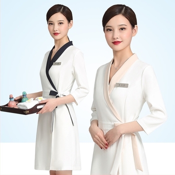 Uniformă unisex pentru salon de înfrumusețare, top cu mâneci medii, material Chenille, 50–70% elastan, pantaloni 5/4, guler din blană artificială