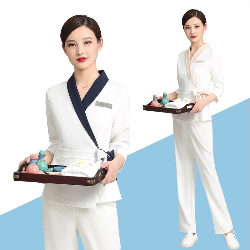 Uniformă unisex pentru salon de înfrumusețare, top cu mâneci medii, material Chenille, 50–70% elastan, pantaloni 5/4, guler din blană artificială