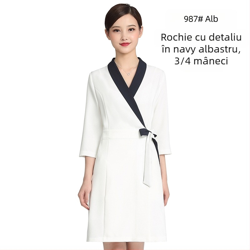 Uniformă unisex pentru salon de înfrumusețare, top cu mâneci medii, material Chenille, 50–70% elastan, pantaloni 5/4, guler din blană artificială