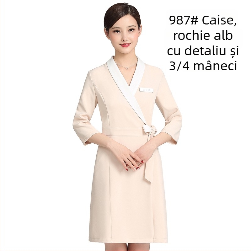 Uniformă unisex pentru salon de înfrumusețare, top cu mâneci medii, material Chenille, 50–70% elastan, pantaloni 5/4, guler din blană artificială