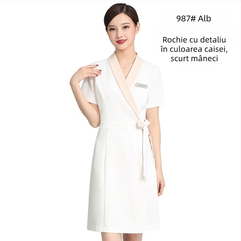 Uniformă unisex pentru salon de înfrumusețare, top cu mâneci medii, material Chenille, 50–70% elastan, pantaloni 5/4, guler din blană artificială