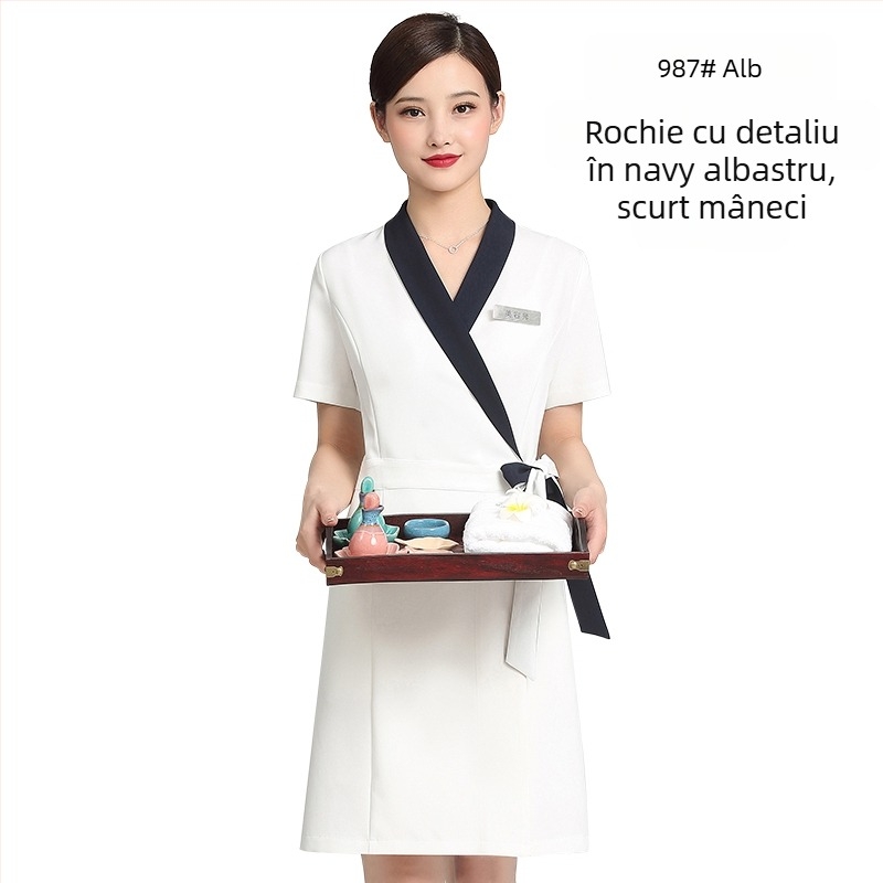 Uniformă unisex pentru salon de înfrumusețare, top cu mâneci medii, material Chenille, 50–70% elastan, pantaloni 5/4, guler din blană artificială